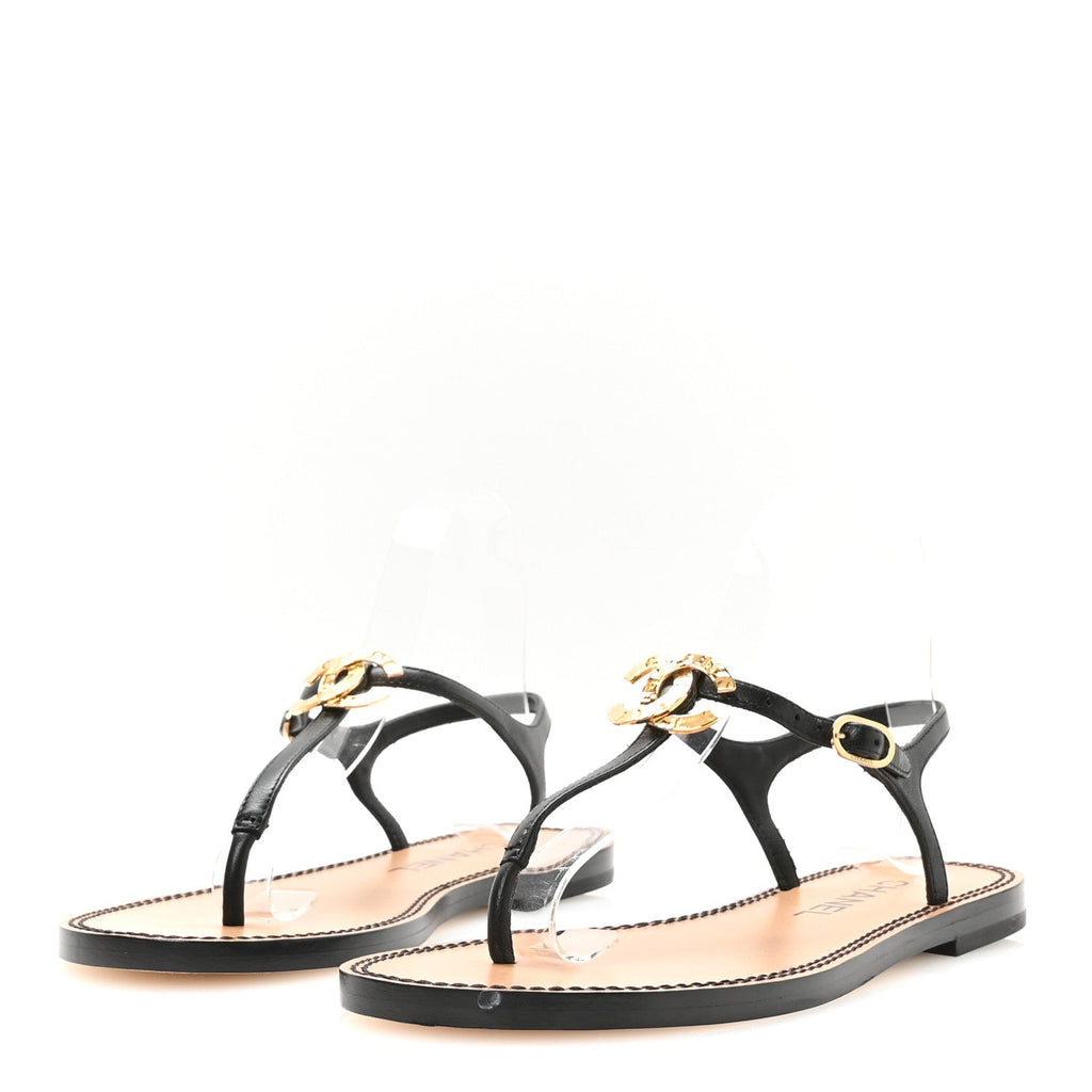 Lambskin CC Thong Sandals 36.5 Black Gold