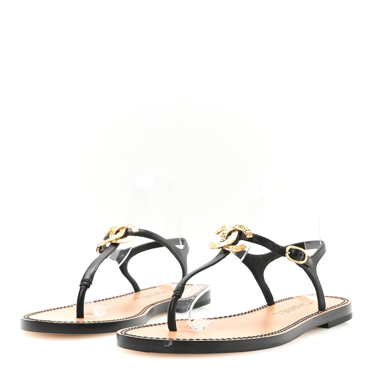 Lambskin CC Thong Sandals 36.5 Black Gold