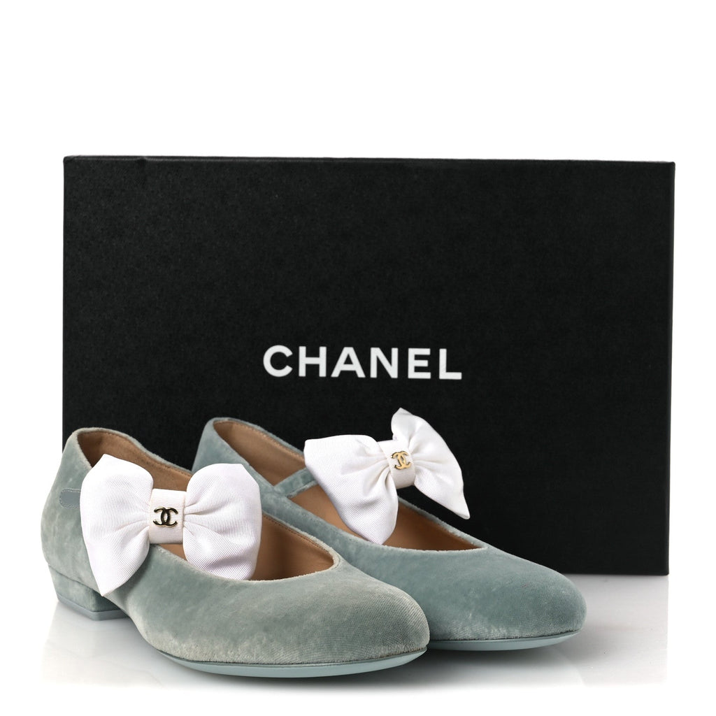 Velvet Grosgrain Bow Mary Jane Flats 37.5 Light Green White