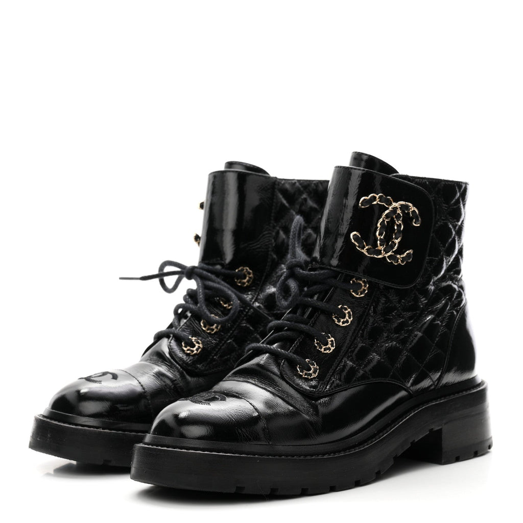 Shiny Lambskin Quilted Lace Up Combat Boots 38 Black