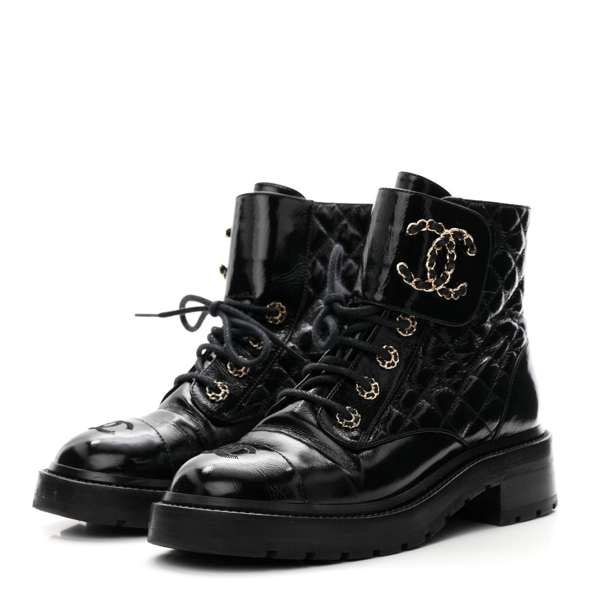 Shiny Lambskin Quilted Lace Up Combat Boots 38 Black