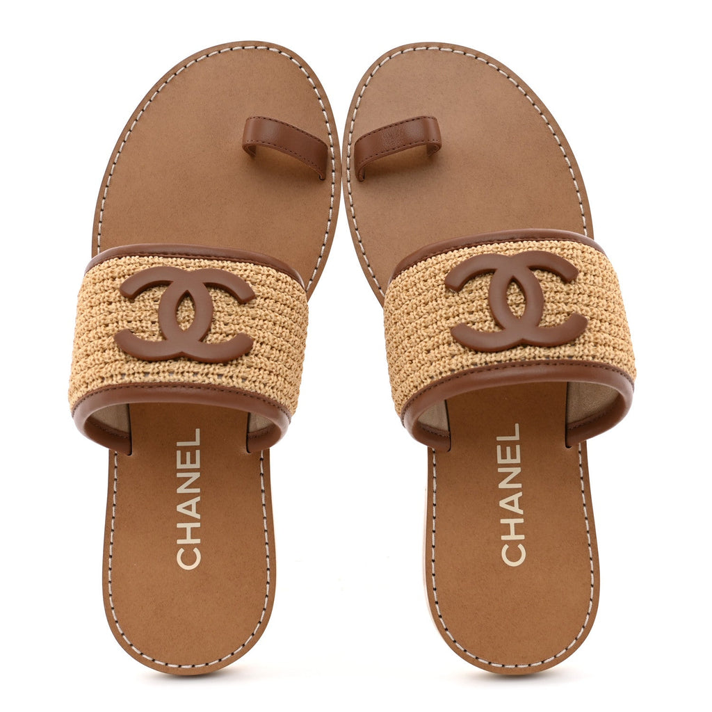 Raffia Lambskin CC Mules 38.5 Beige Brown
