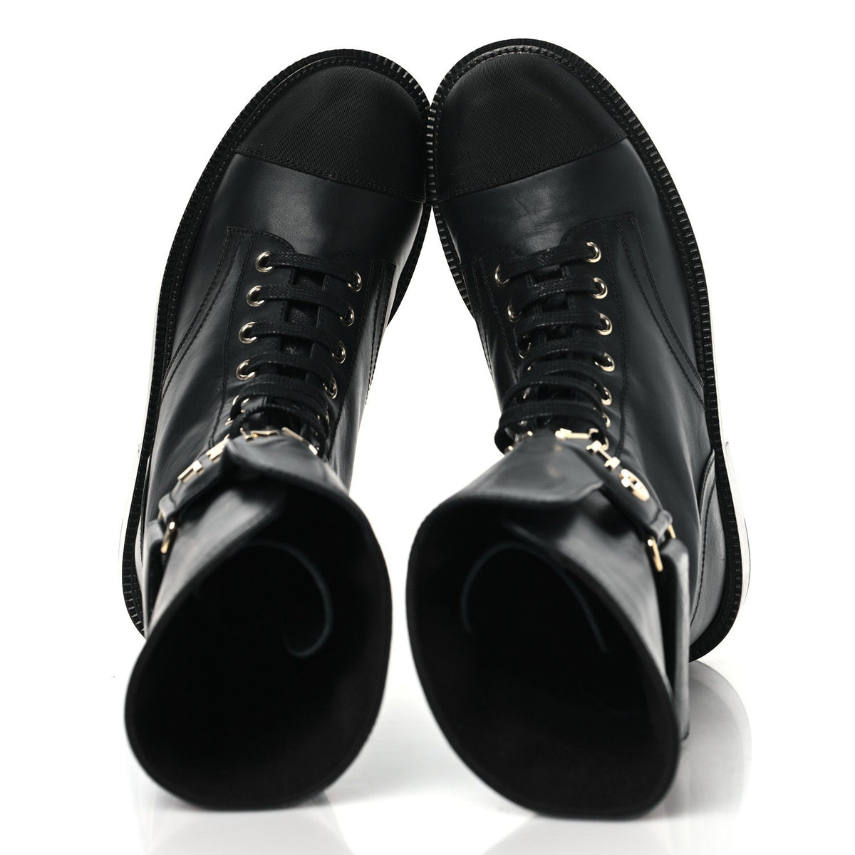 Shiny Calfskin Grosgrain Lace Up Combat Boots 36.5 Black