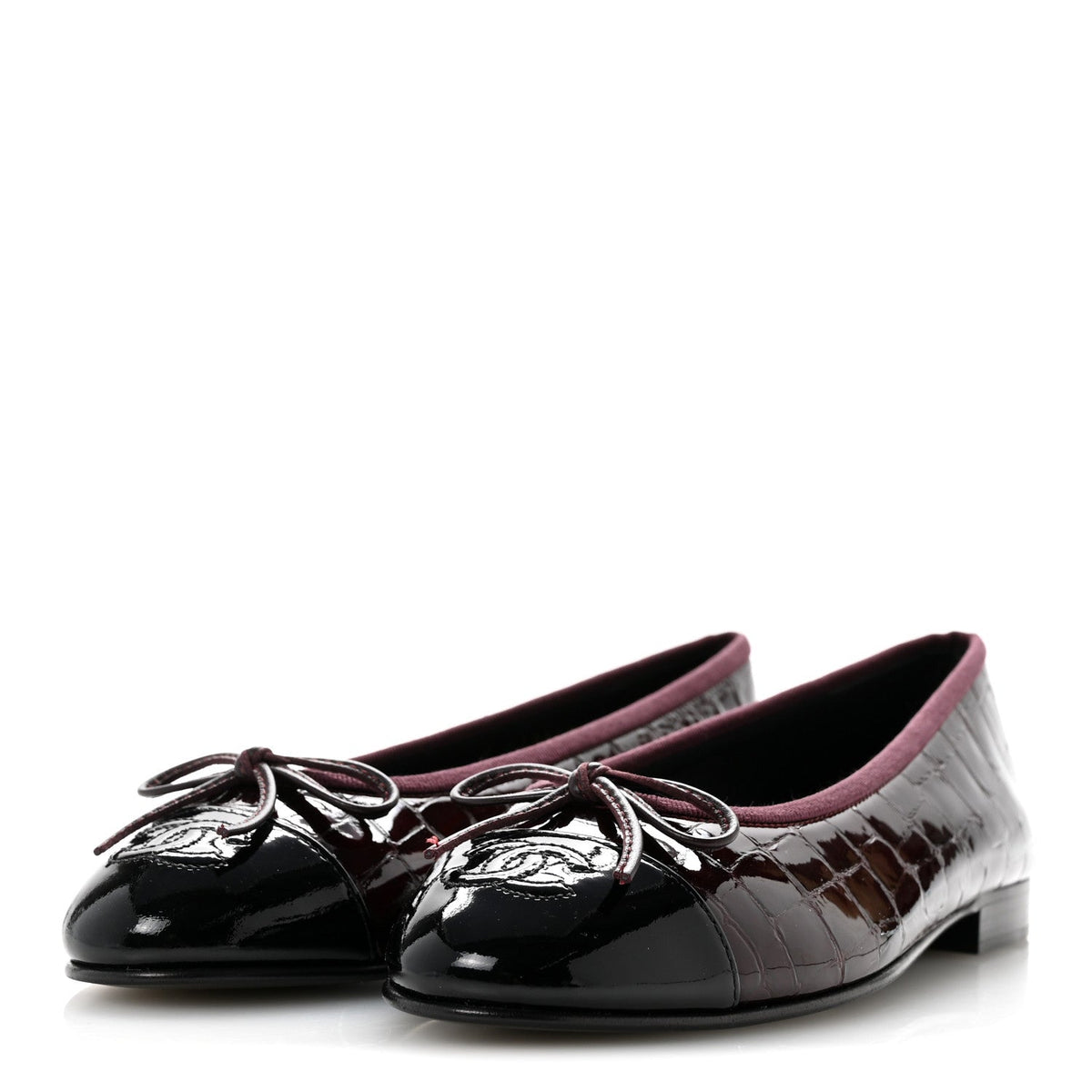 Crocodile Embossed Patent Cap Toe Ballerina Flats 36.5 Dark Burgundy Black