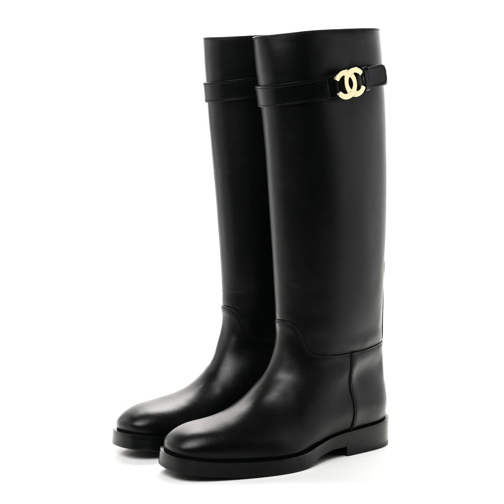 Calfskin CC Buckle High Boots 38 Black
