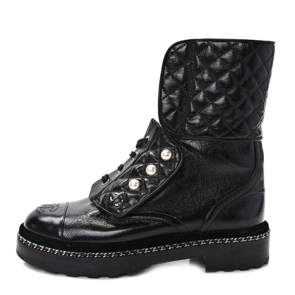 Crackled Calfskin Velvet Pearl Combat Ankle Boots 36.5 Black