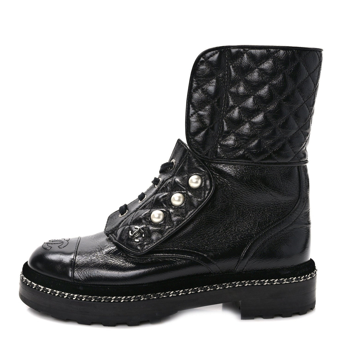 Crackled Calfskin Velvet Pearl Combat Ankle Boots 36.5 Black
