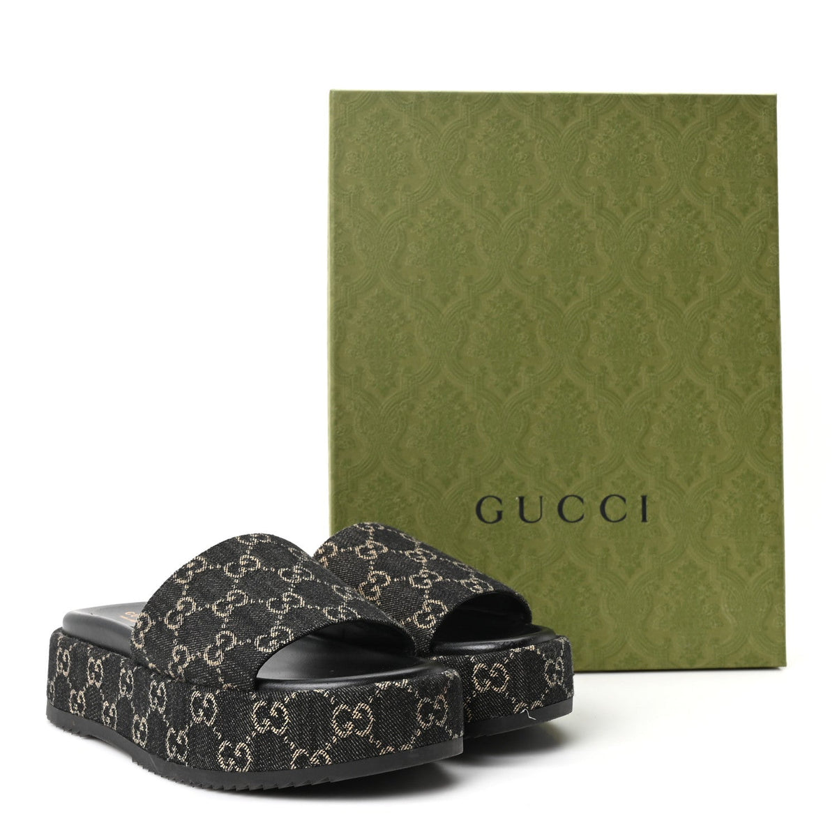 Jacquard Black Denim GG Monogram Angelina Platform 55mm Slide Sandals 39.5 Black Ivory