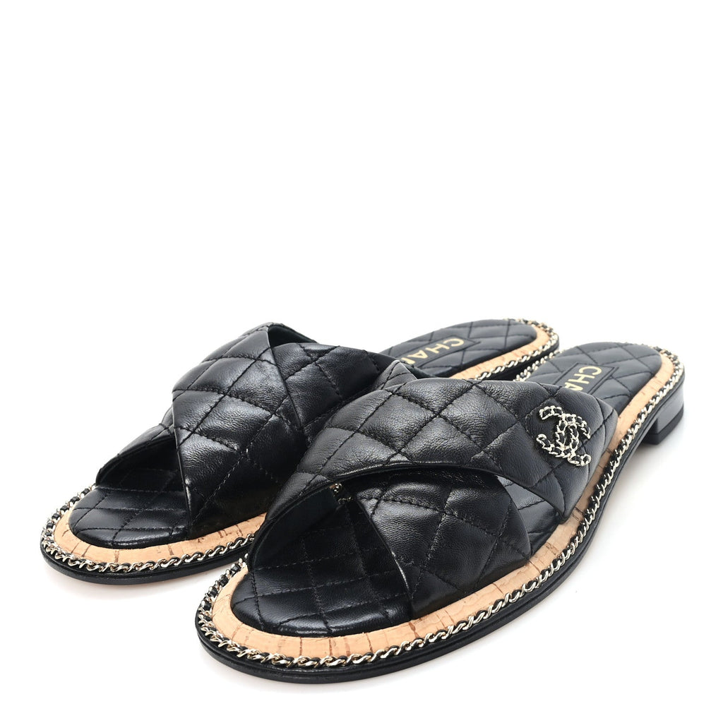 Shiny Lambskin Quilted Chain CC Sandals 38 Black