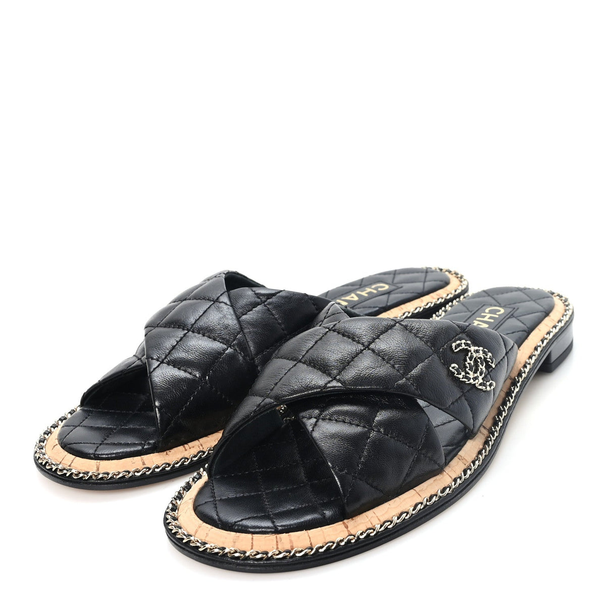 Shiny Lambskin Quilted Chain CC Sandals 38 Black