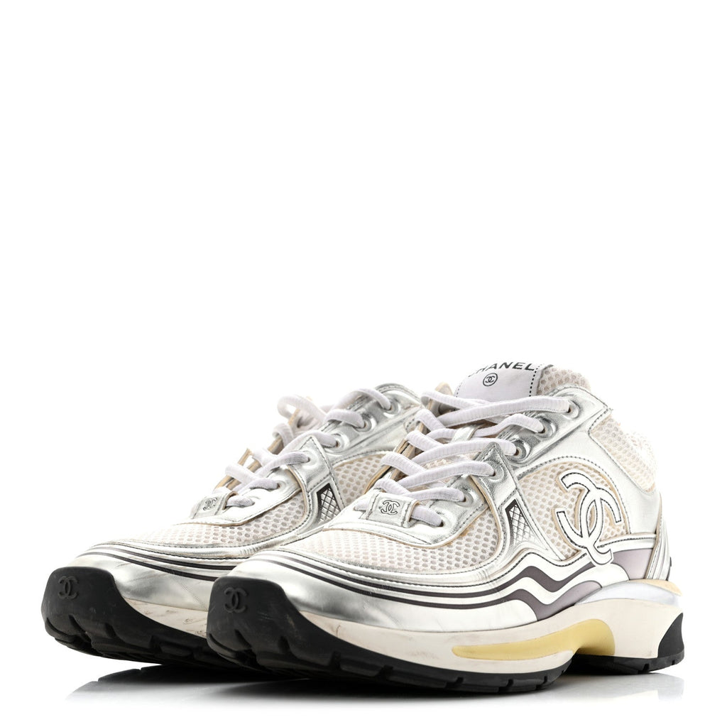 Fabric Laminated Calfskin Stretch CC Womens Sneakers 39.5 White Silver