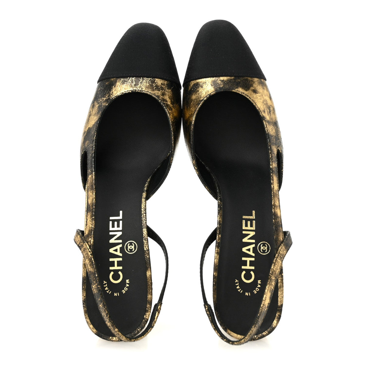 Laminated Lambskin Grosgrain Cap Toe CC Slingback Pumps 38 Gold Black