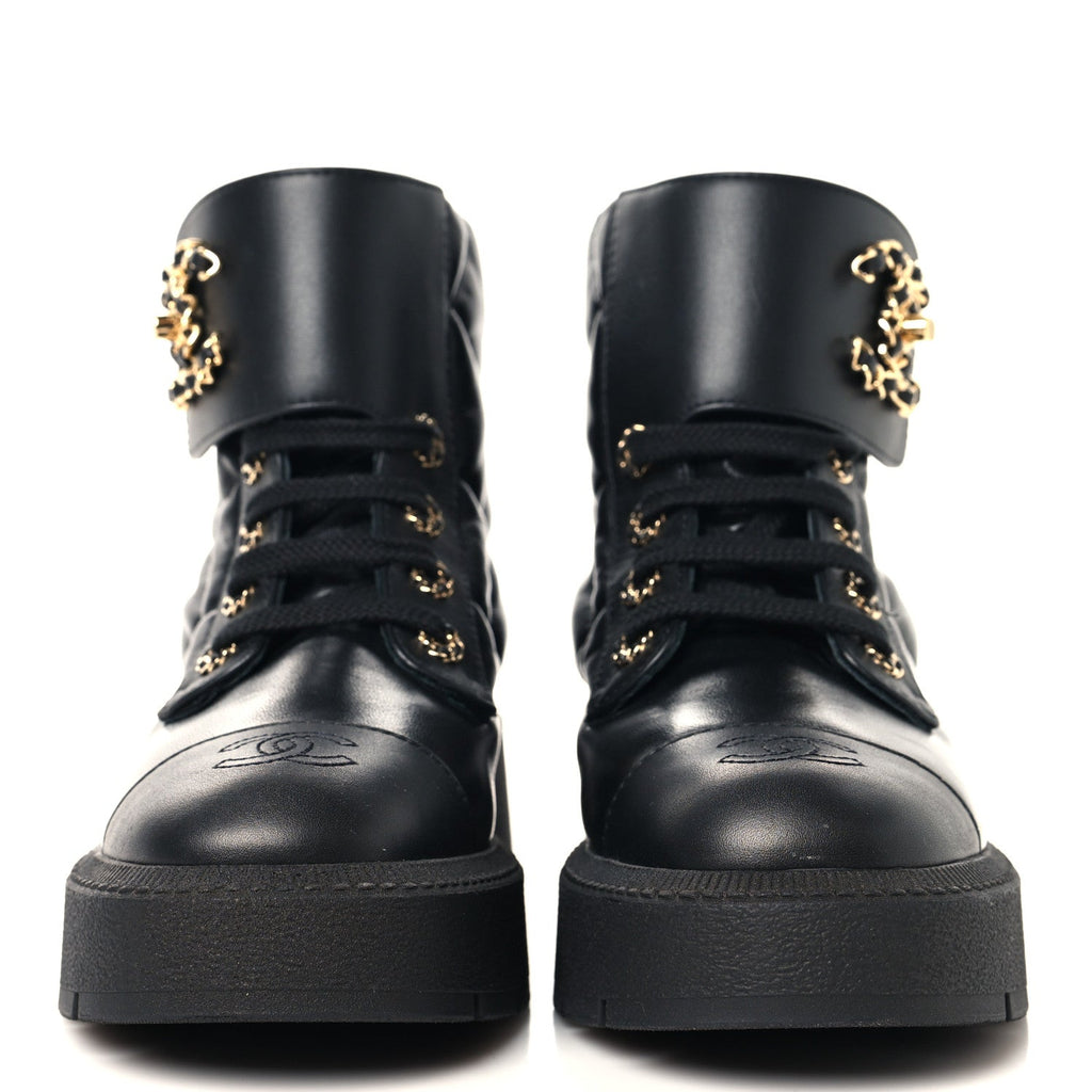Lambskin Calfskin Quilted Lace Up Combat Boots 36.5 Black
