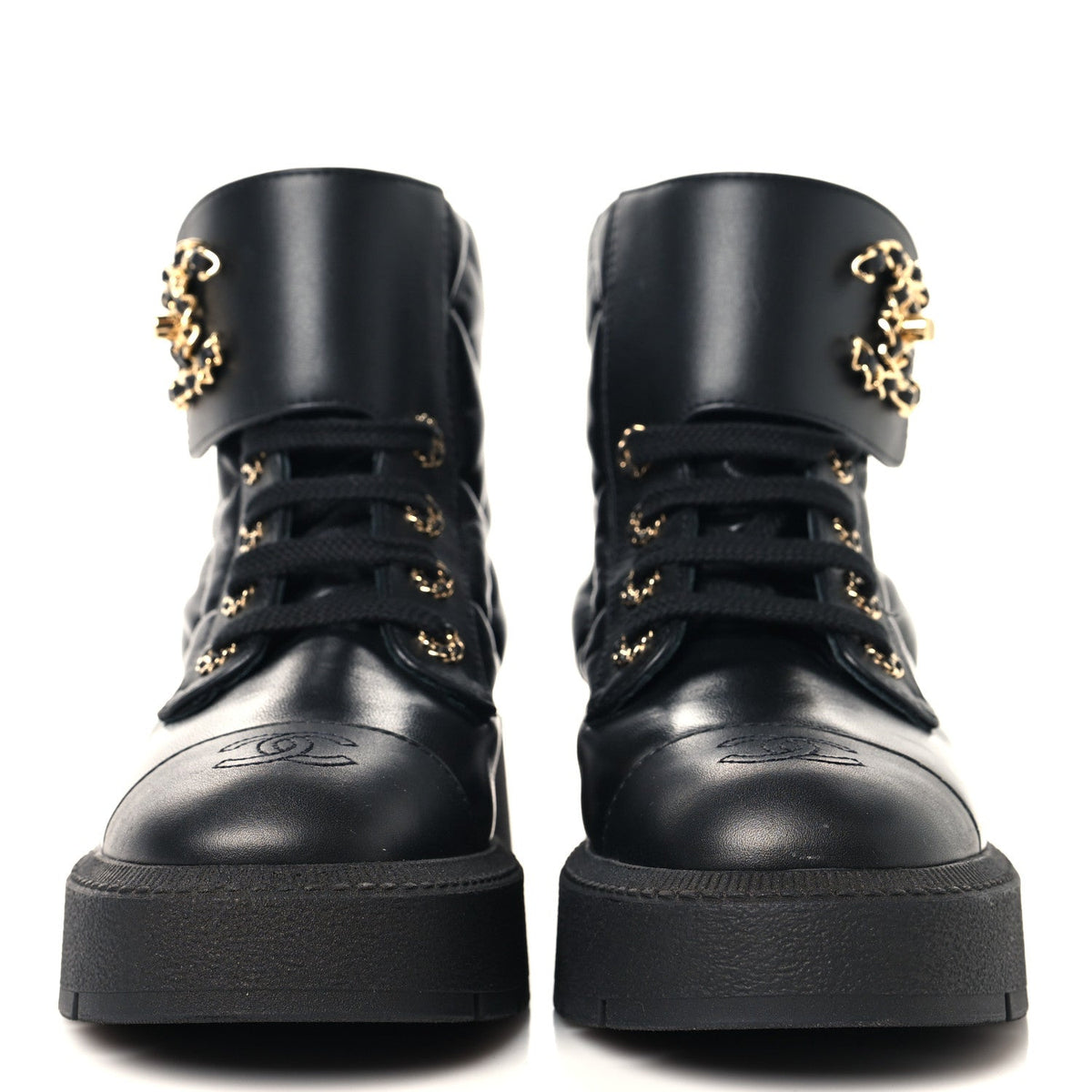Lambskin Calfskin Quilted Lace Up Combat Boots 36.5 Black