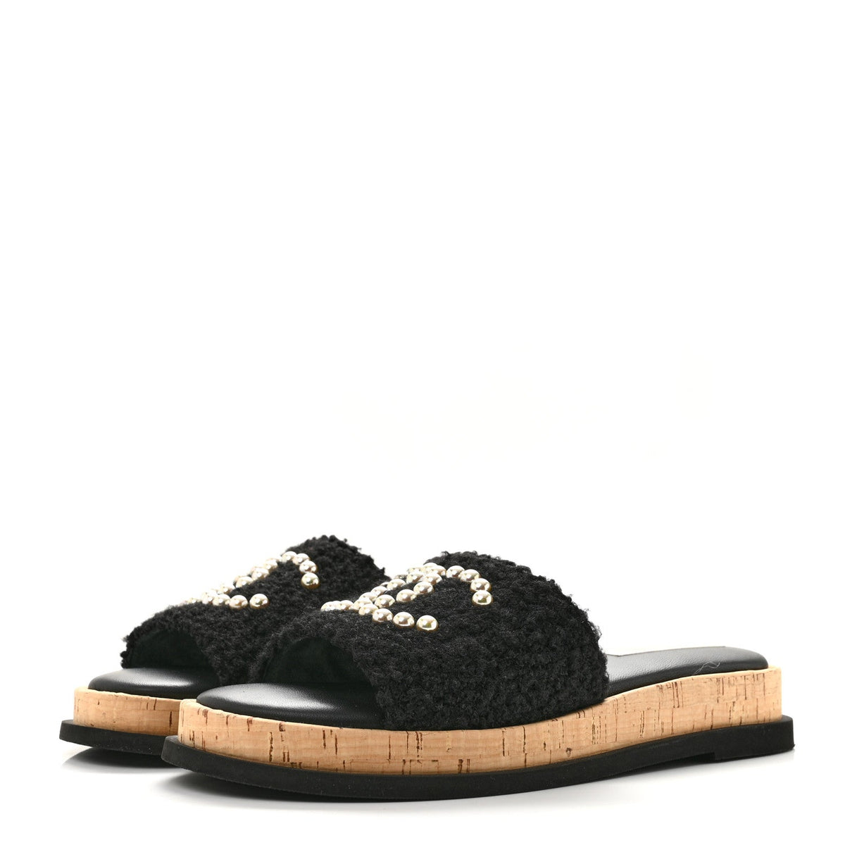 Fabric Pearl Cork CC Slip On Sandals 40 Black