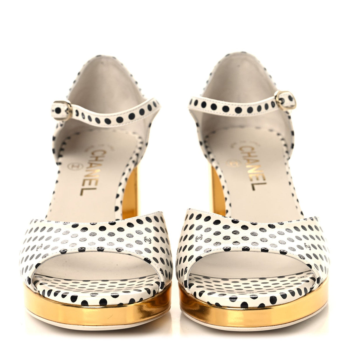 Printed Calfskin Polka Dot CC Platform Sandals 36.5 Ivory Black