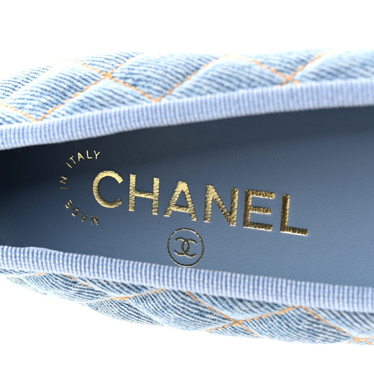 Denim Quilted CC Cap Toe Ballerina Flats 35 Light Blue