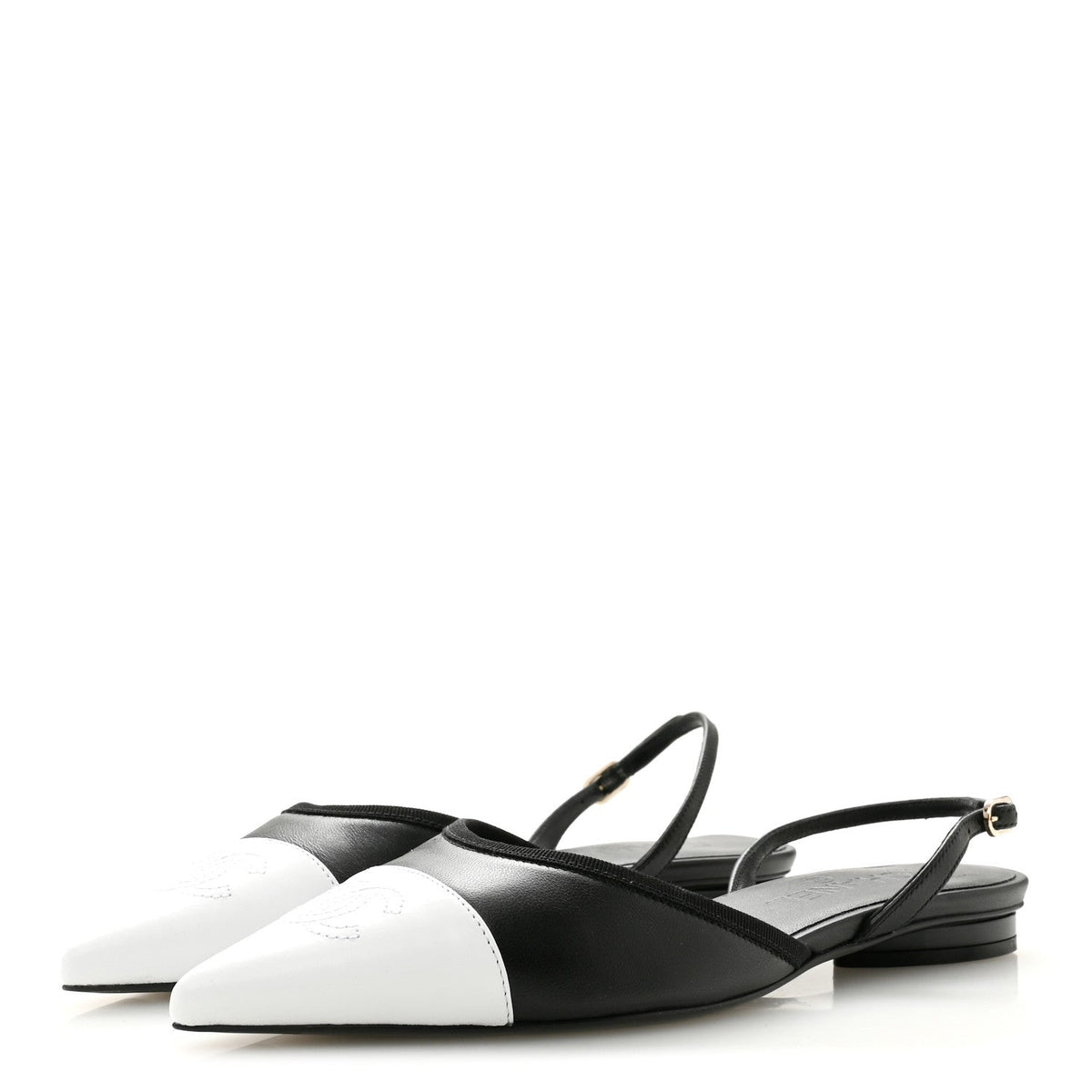 Iridescent Lambskin Cap Toe CC Slingback Flats 37 Black White