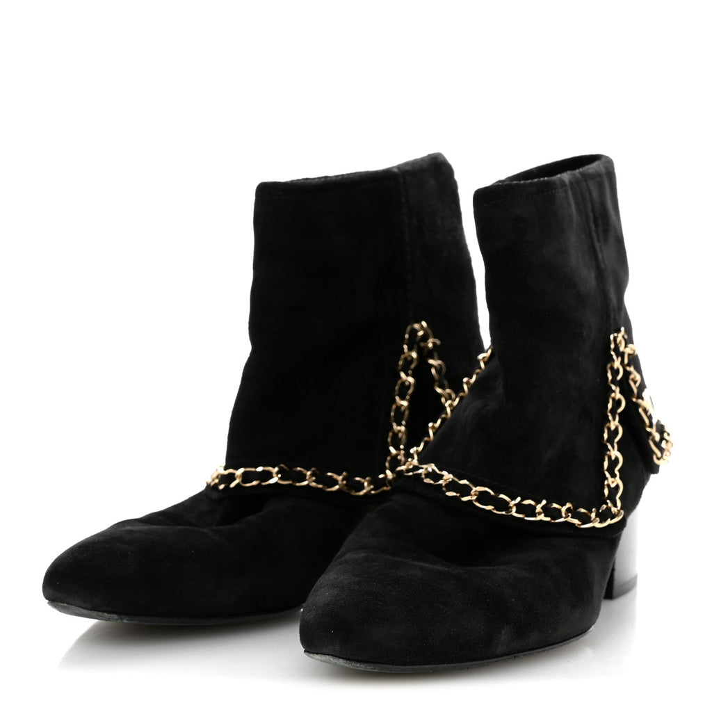 Suede Calfskin Chain CC Short Boots 38 Black