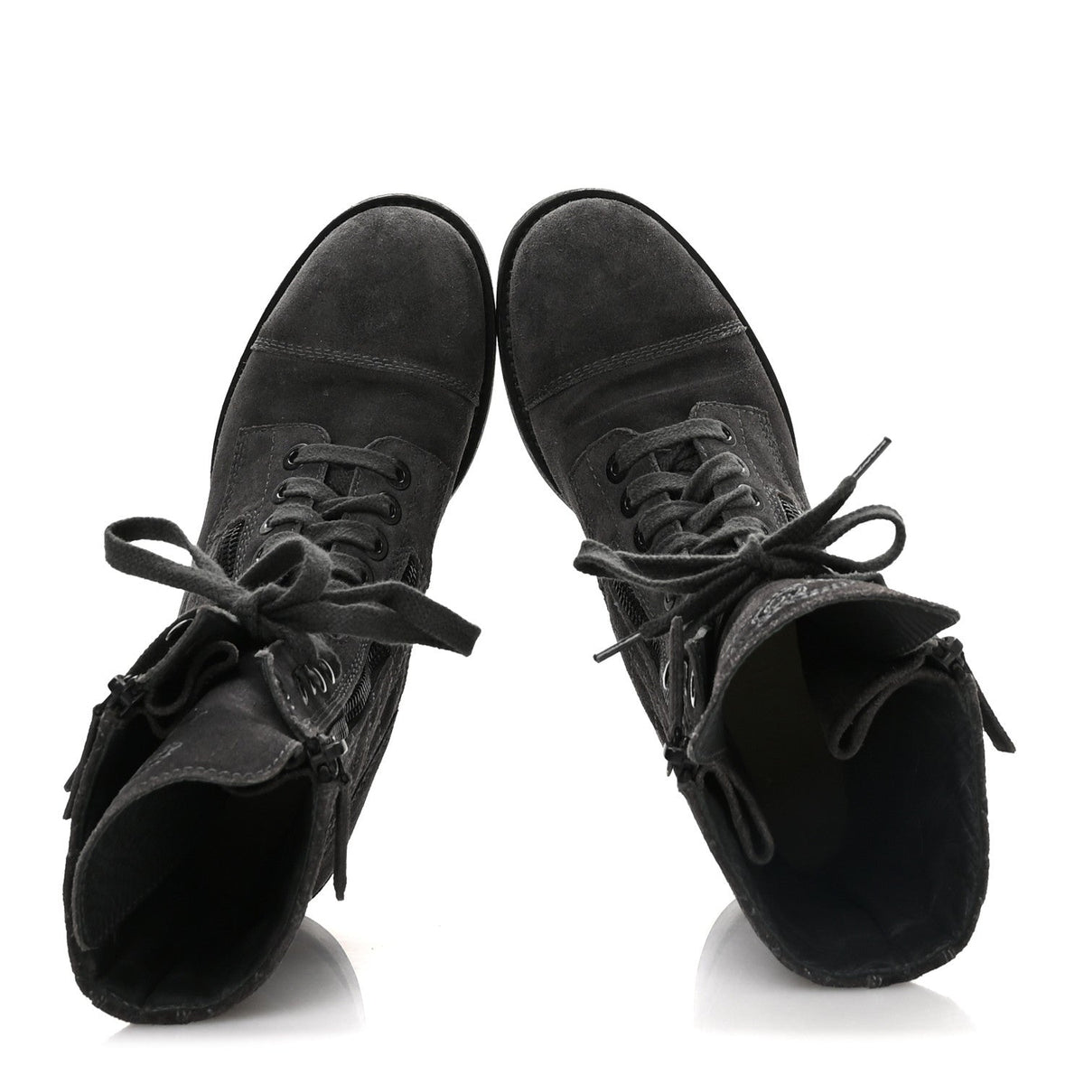 Suede Quilted CC Tall Lace Up Combat Boots 38 Grey