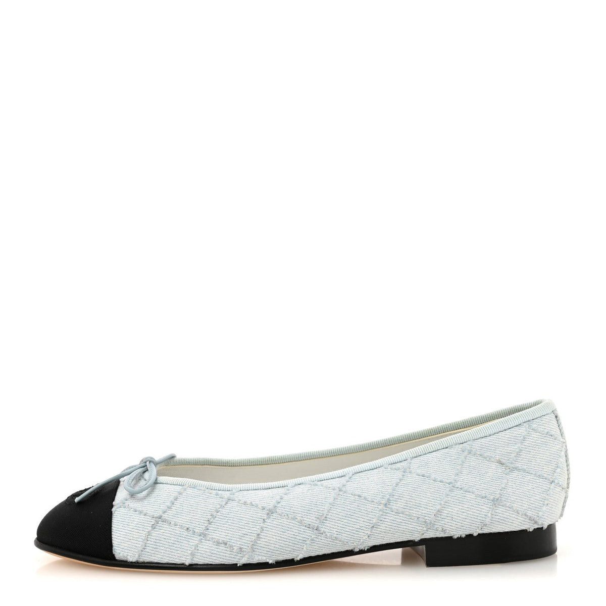 Denim Embroidered Grosgrain CC Cap Toe Ballerina Flats 37.5 Light Blue Black