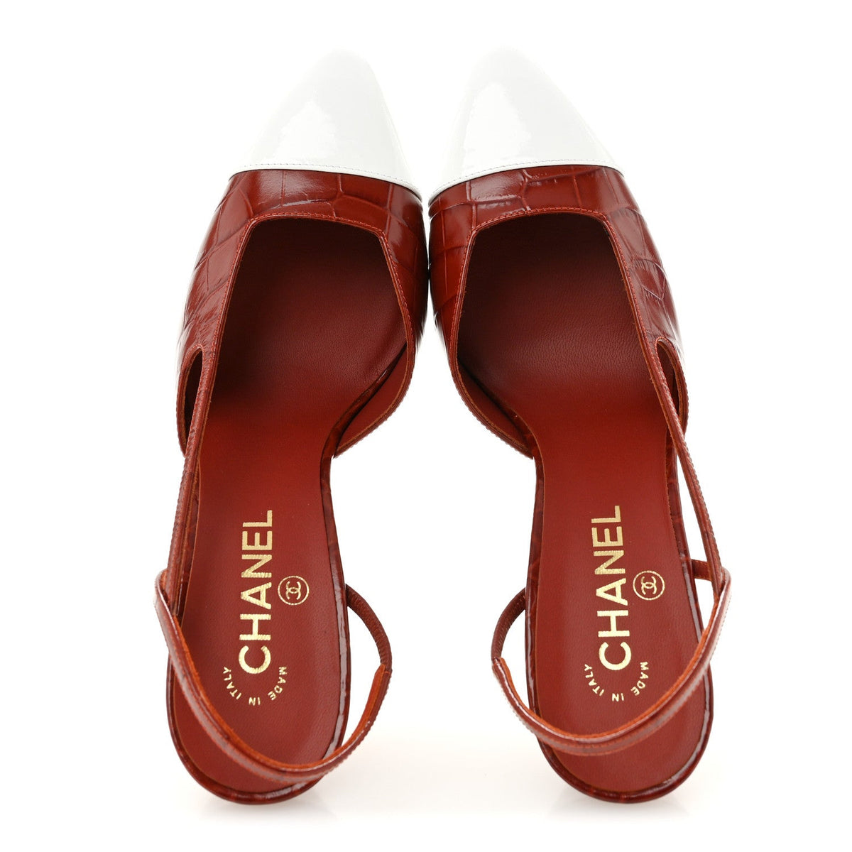 Calfskin Crocodile Embossed Patent Cap Toe Slingback Pumps 40 Dark Red White