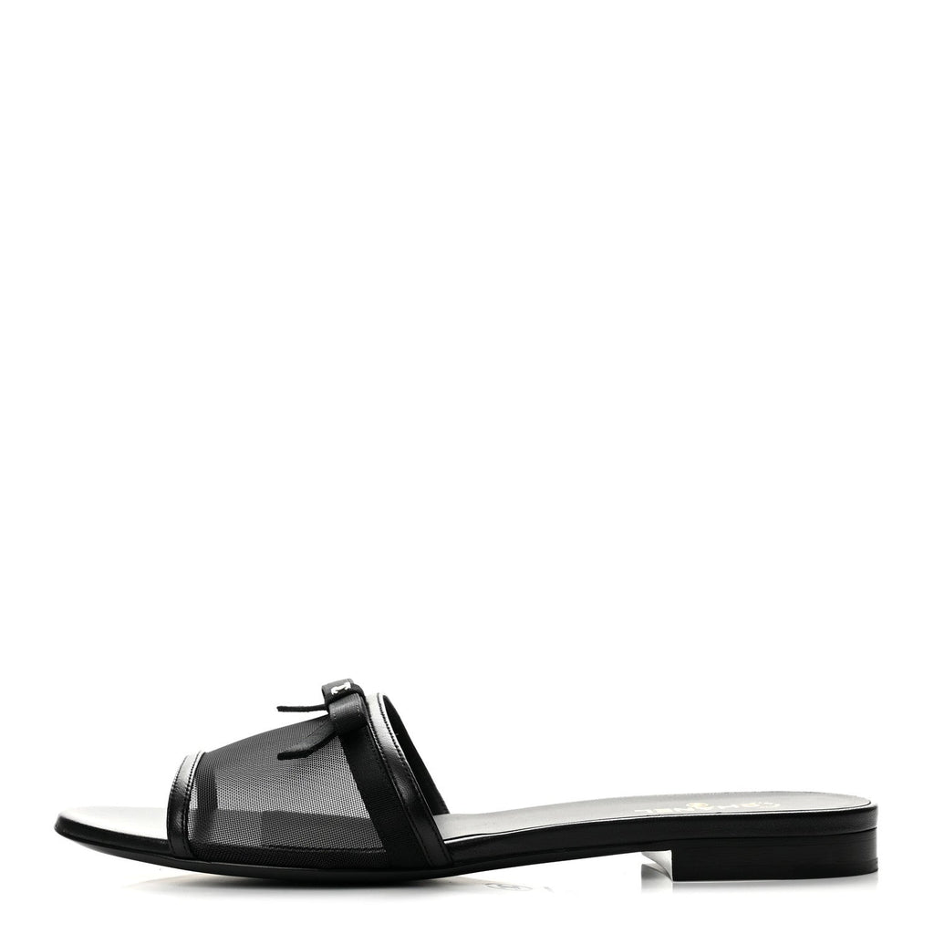 Mesh Lambskin CC Bow Mules 40 Black