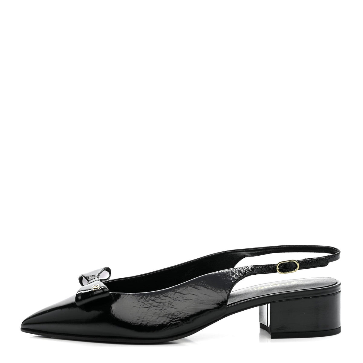 Crumpled Patent Calfskin CC Bow Slingback Pumps 38.5 Black