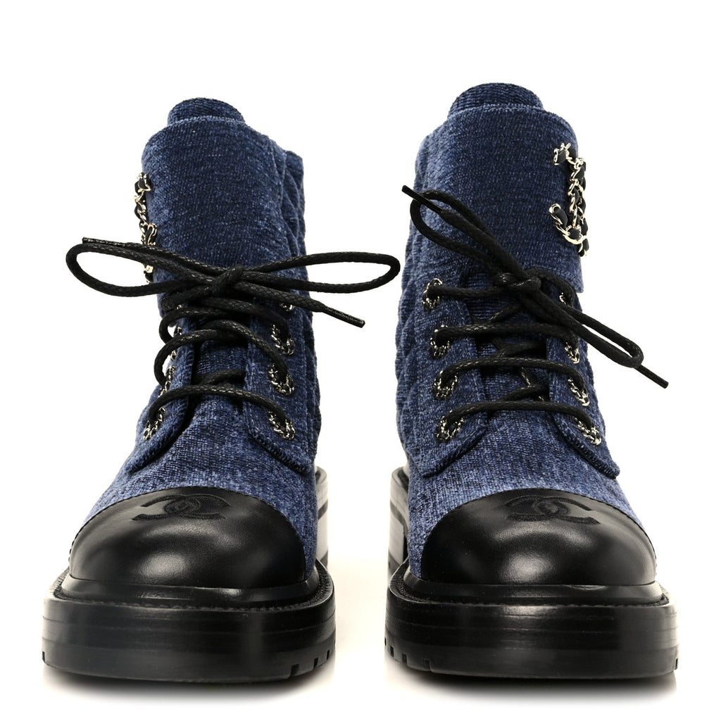 Shiny Calfskin Velvet Quilted Lace Up Combat Boots 37 Blue
