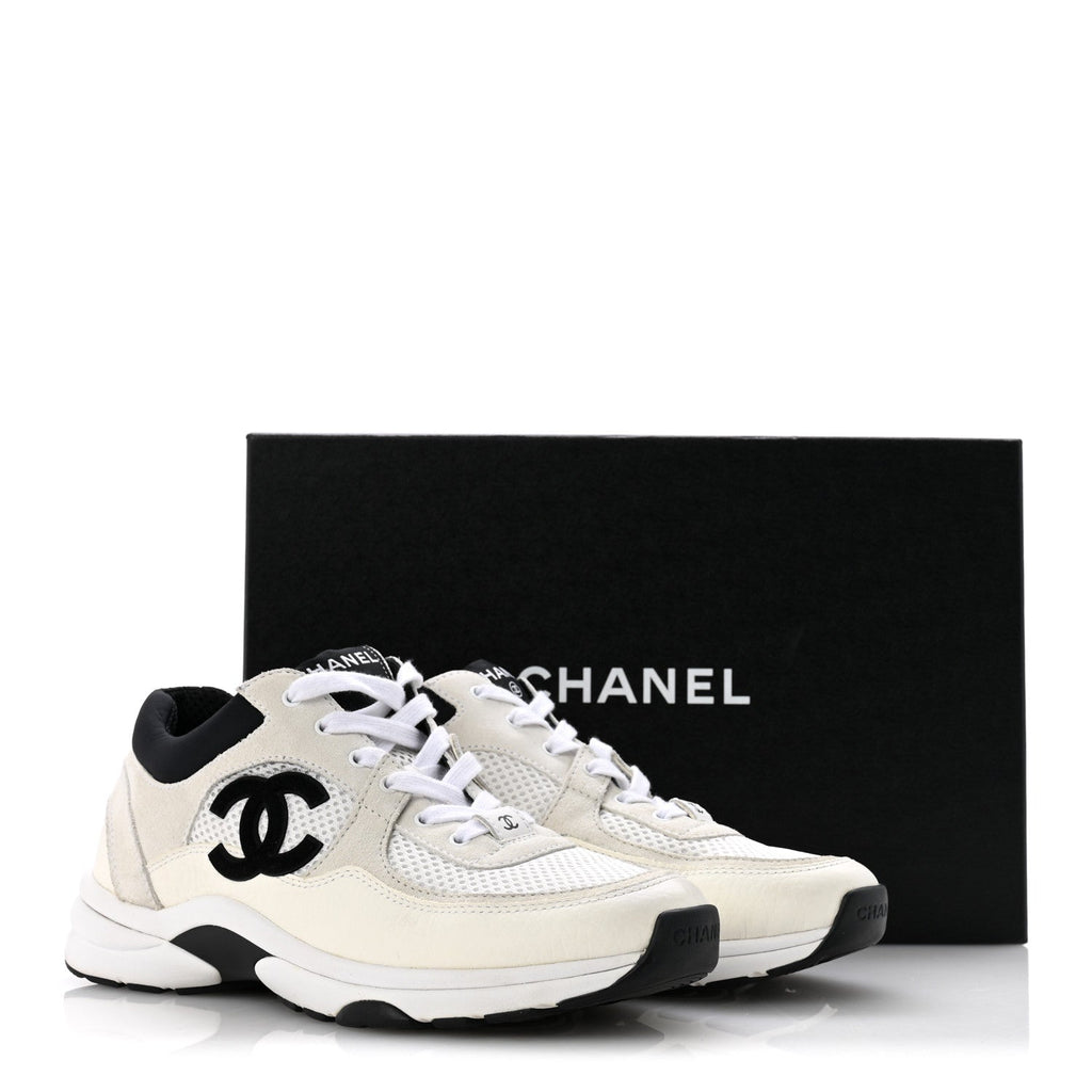 Mesh Suede Calfskin Grained Calfskin Womens CC Sneakers 37.5 White Black