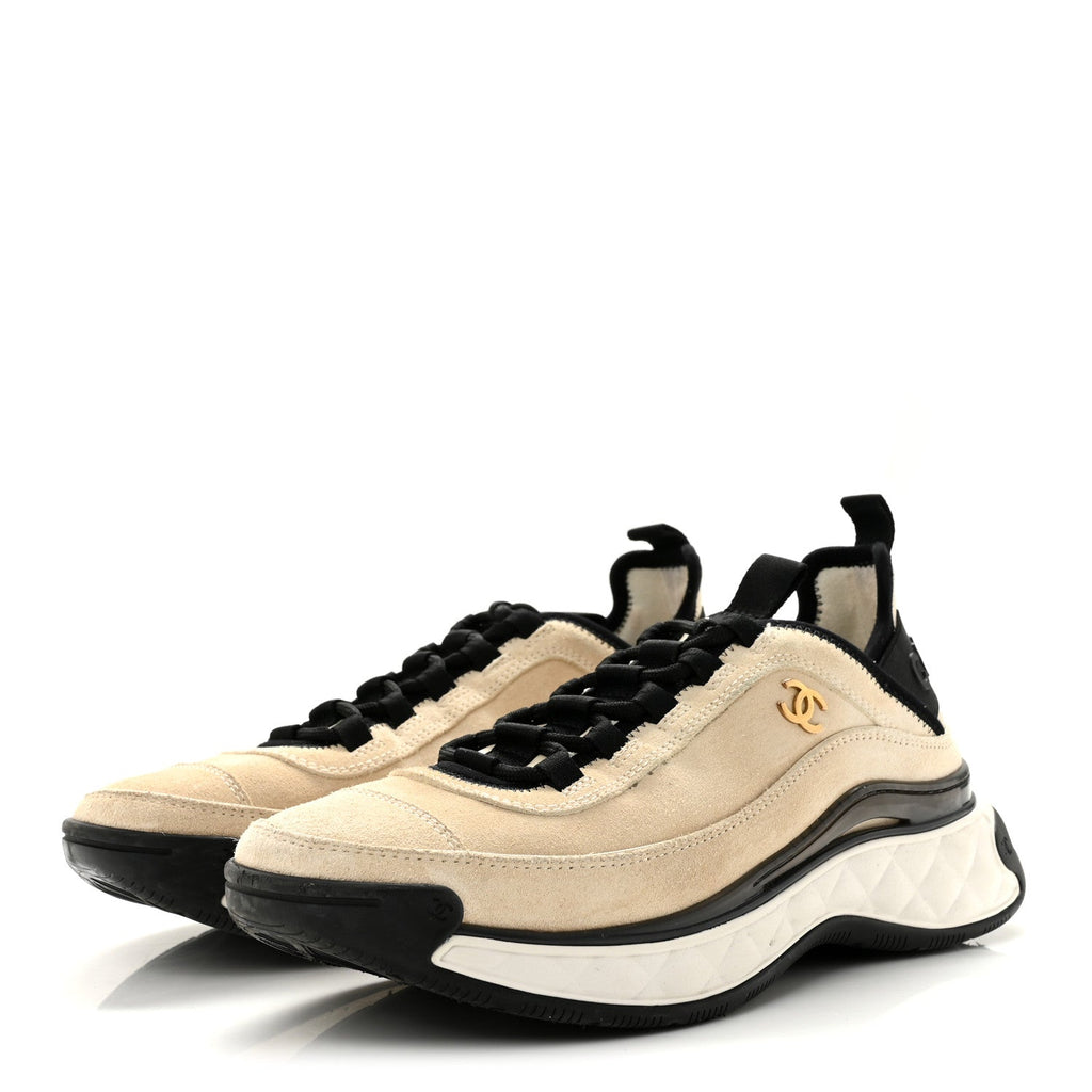 Suede Calfskin Nylon Grosgrain CC Sneakers 38.5 Beige