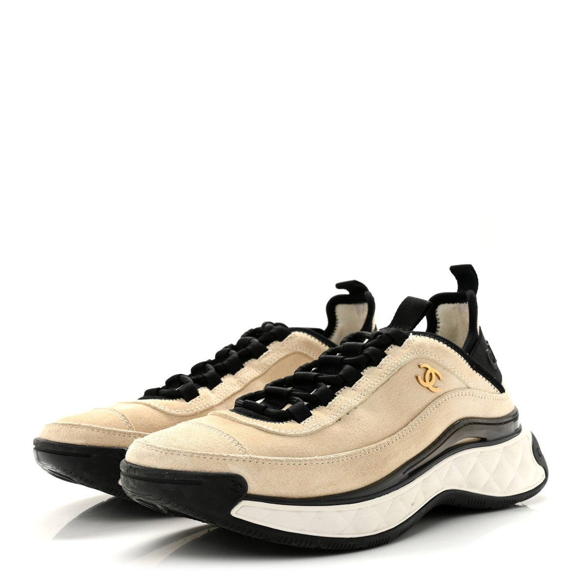 Suede Calfskin Nylon Grosgrain CC Sneakers 38.5 Beige