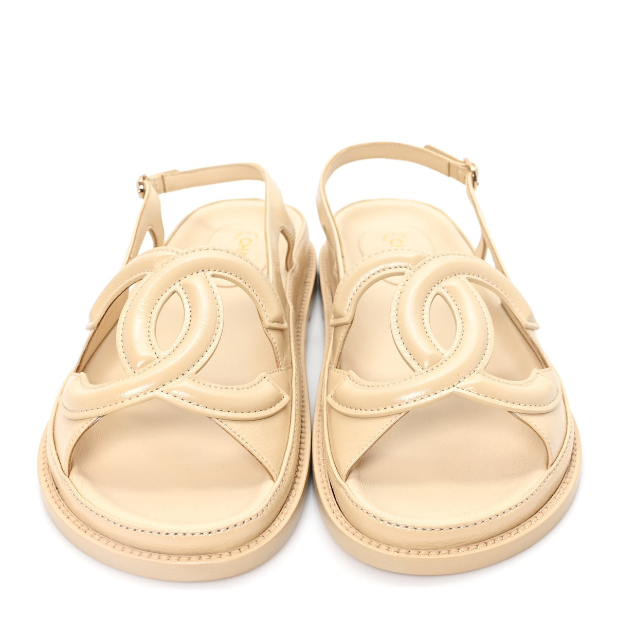 Crumpled Shiny Lambskin CC Cut Out Dad Sandals 40 Beige