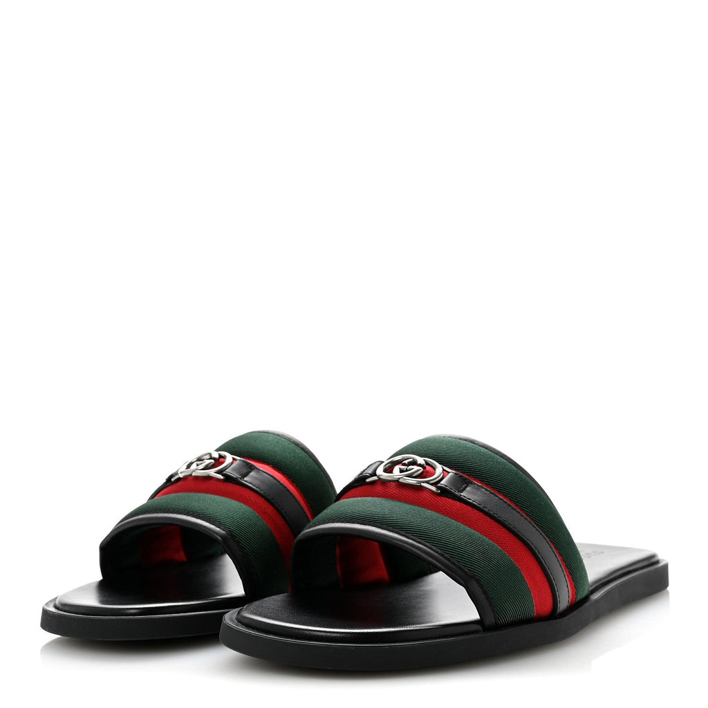 Nylon Calfskin Web Interlocking G Maverik Slide Sandals 12 Black Green Red