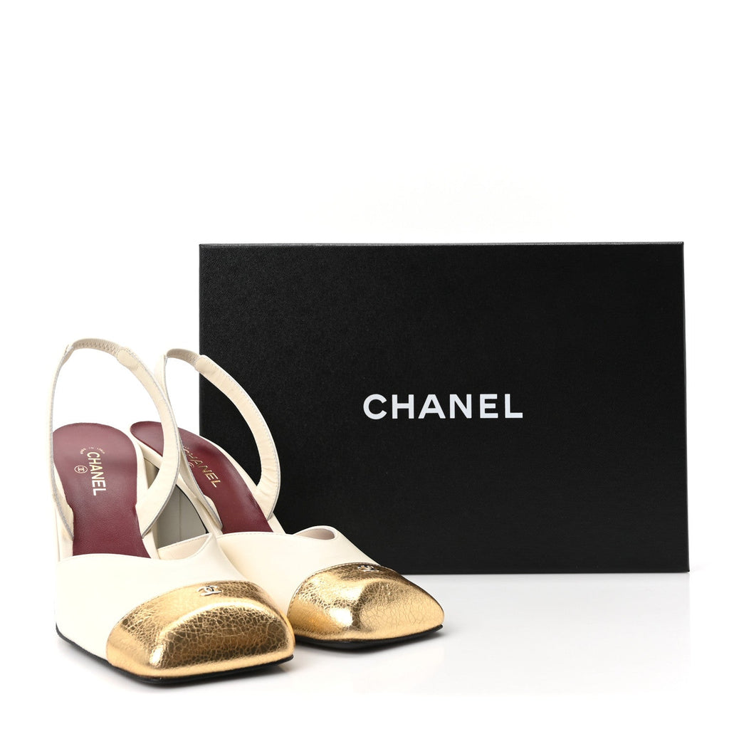 Lambskin Metallic Crackled Calfskin Square Cap Toe CC Slingback Pumps 38 Ivory Gold