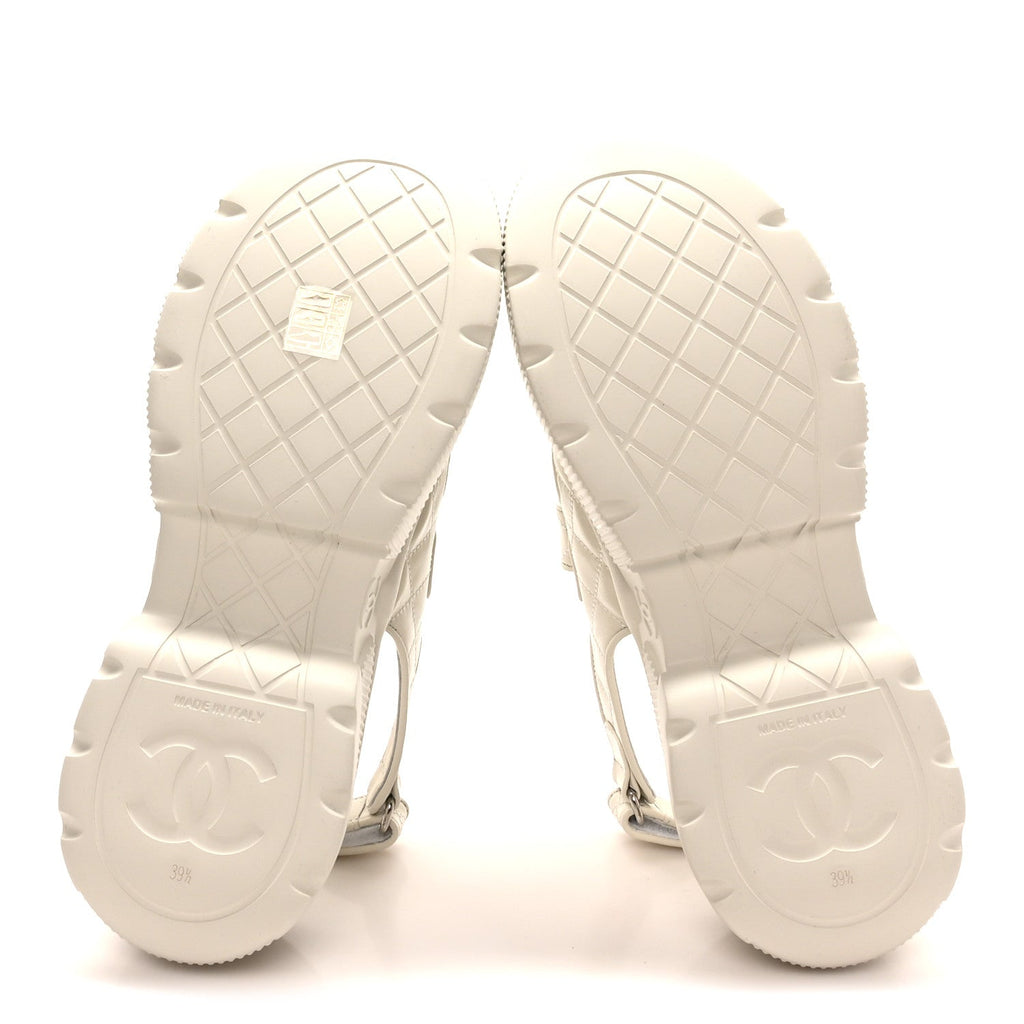 Shiny Calfskin Chain CC Velcro Dad Platform Sandals 39.5 White