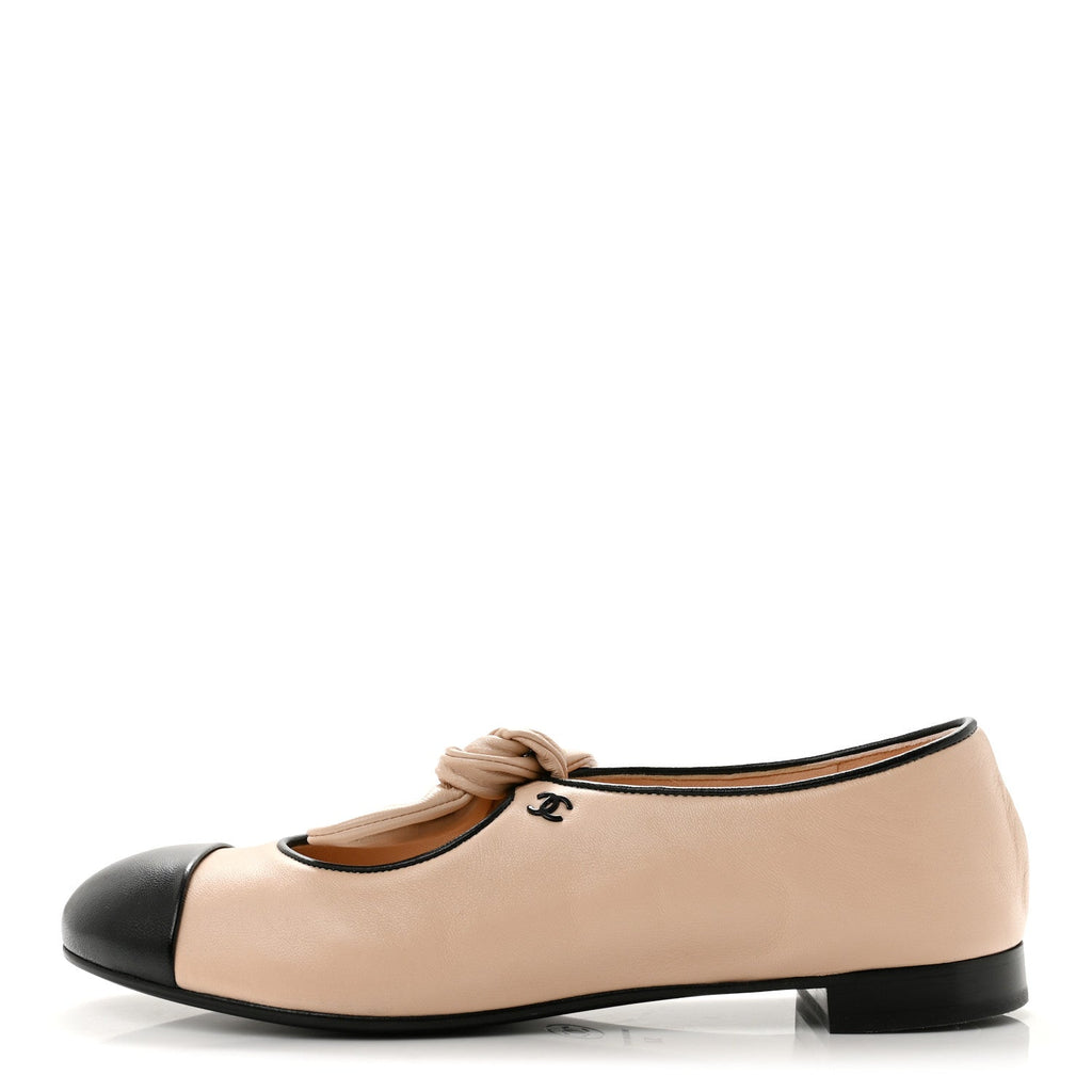 Lambskin Bow Mary Jane Flats 37 Beige Black