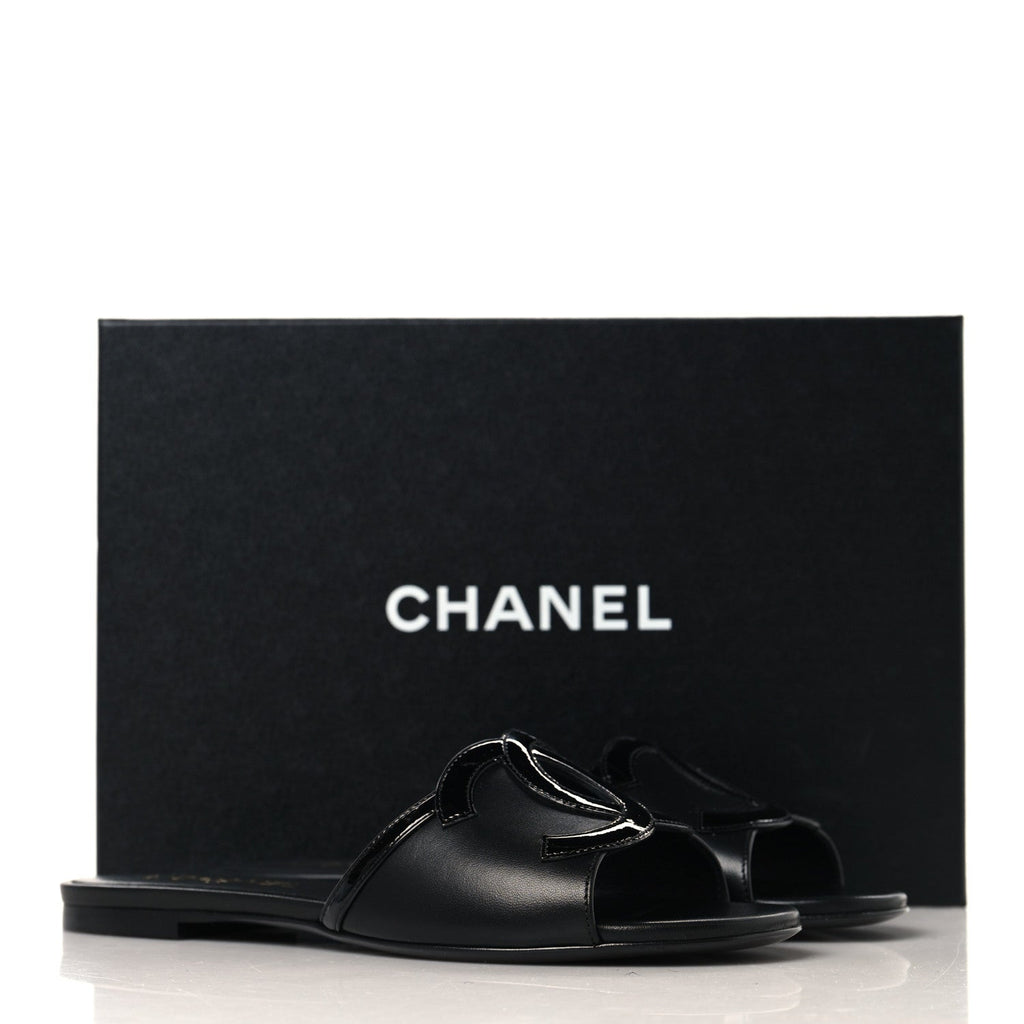 Lambskin Patent Calfskin CC Cutout Mules 38 Black