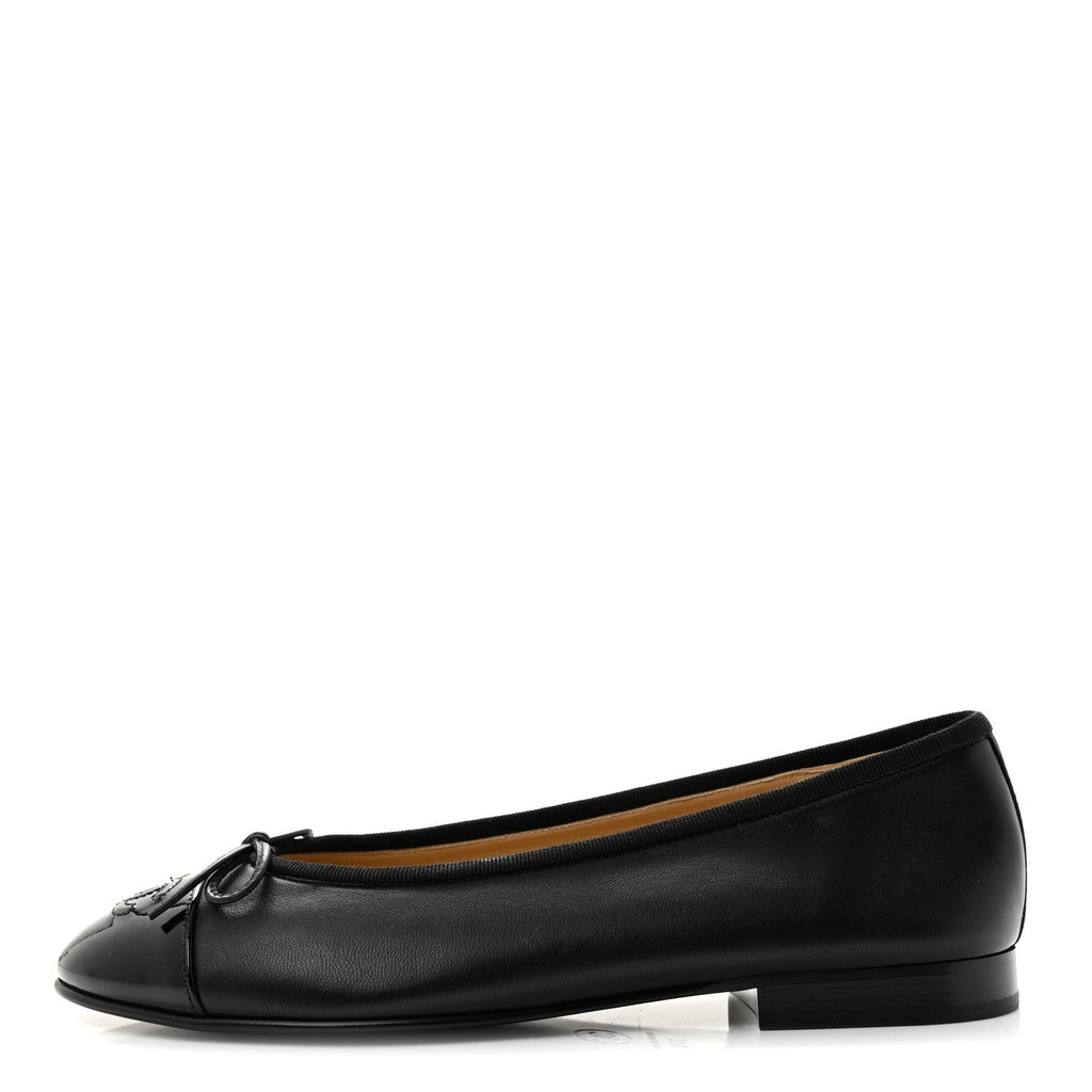 Lambskin Patent Cap Toe Ballerina Flats 37.5 Black