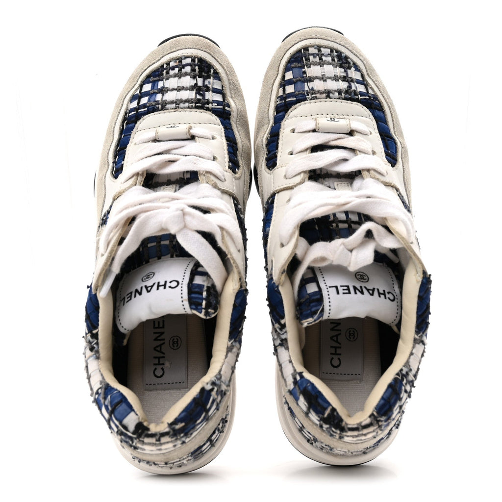 Tweed Suede Calfskin Womens CC Sneakers 37 Dark Blue Black Grey White