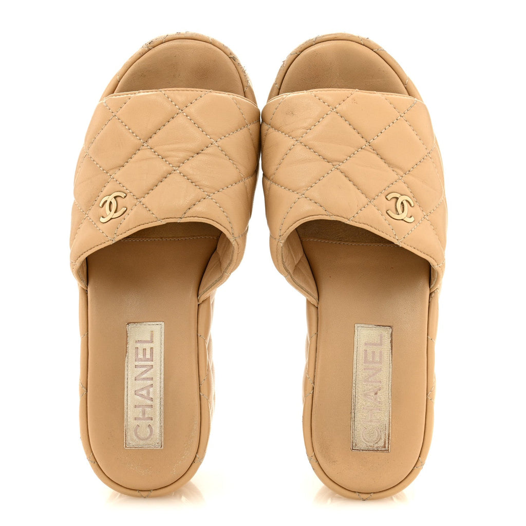 Lambskin Quilted CC Mules Wedge Sandals 36 Beige