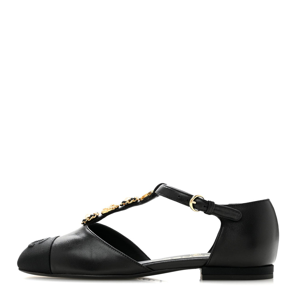 Lambskin Grosgrain Cap Toe Pearl CC Mary Jane Flats 36 Black