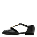 Lambskin Grosgrain Cap Toe Pearl CC Mary Jane Flats 36 Black