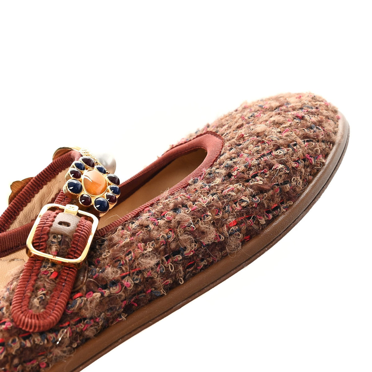 Wool Tweed Mary Jane Flats 37.5 Brown Red Dark Blue