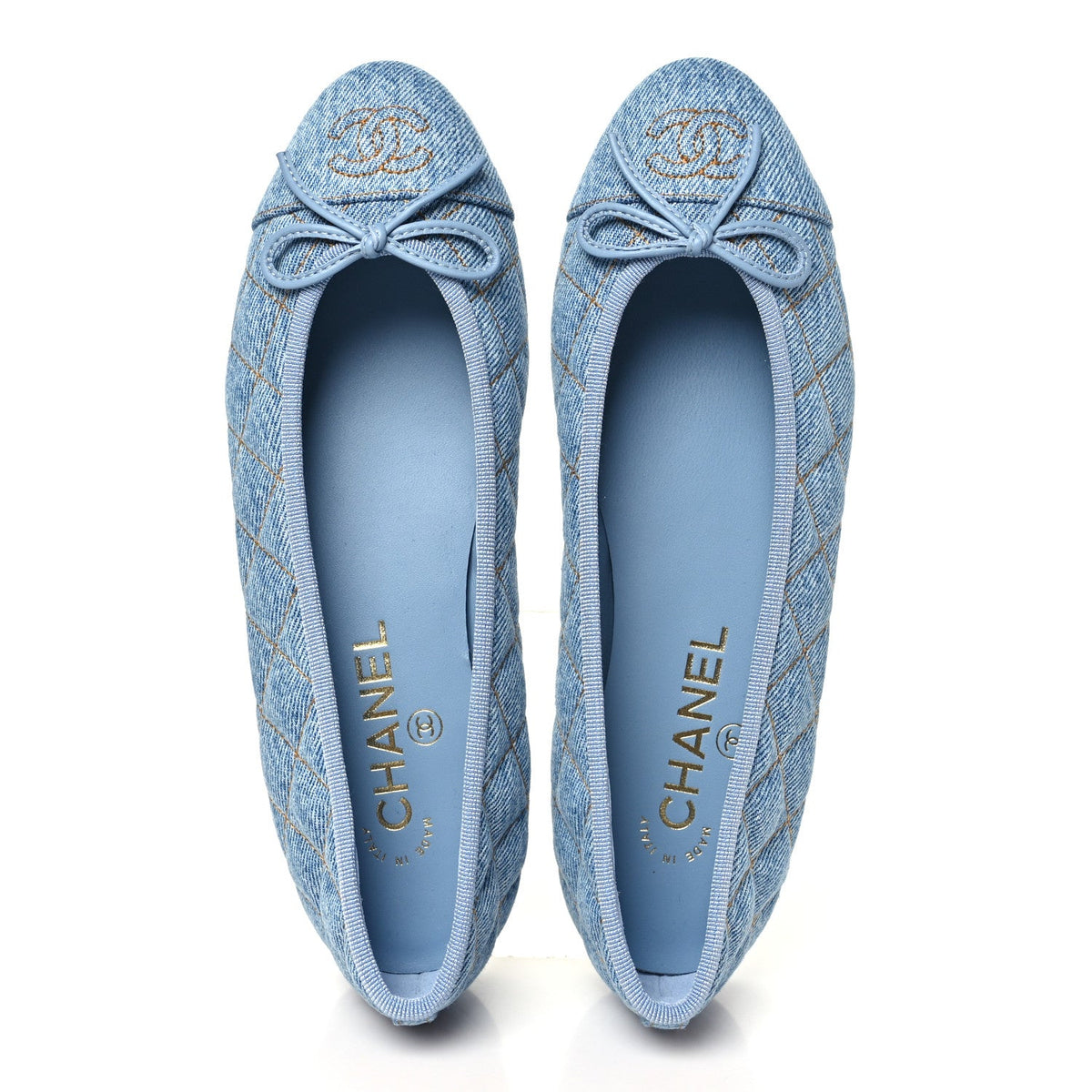 Washed Denim Quilted Cap Toe CC Ballerina Flats 37 Blue