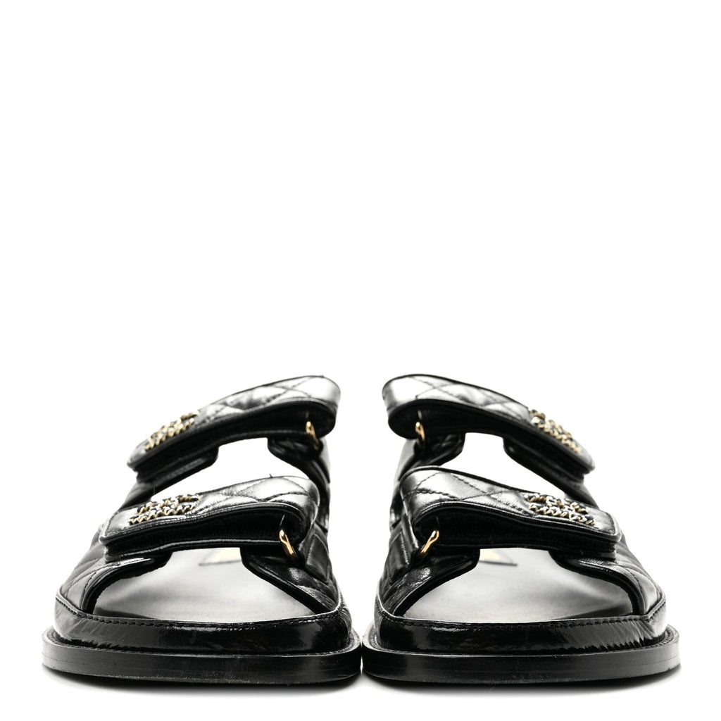 Crumpled Shiny Lambskin Velcro Dad Sandals 36 Black