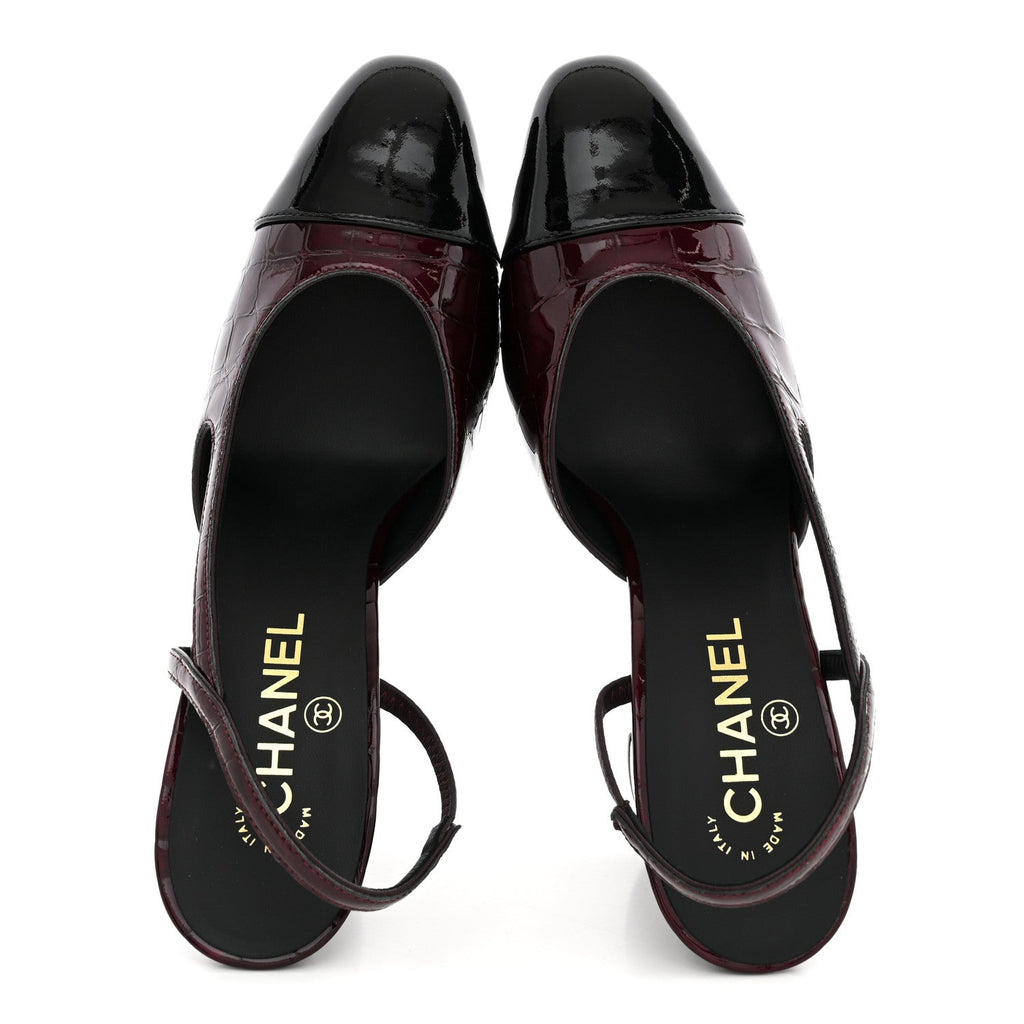 Patent Calfskin Crocodile Embossed Cap Toe CC Slingback 38 Dark Burgundy Black