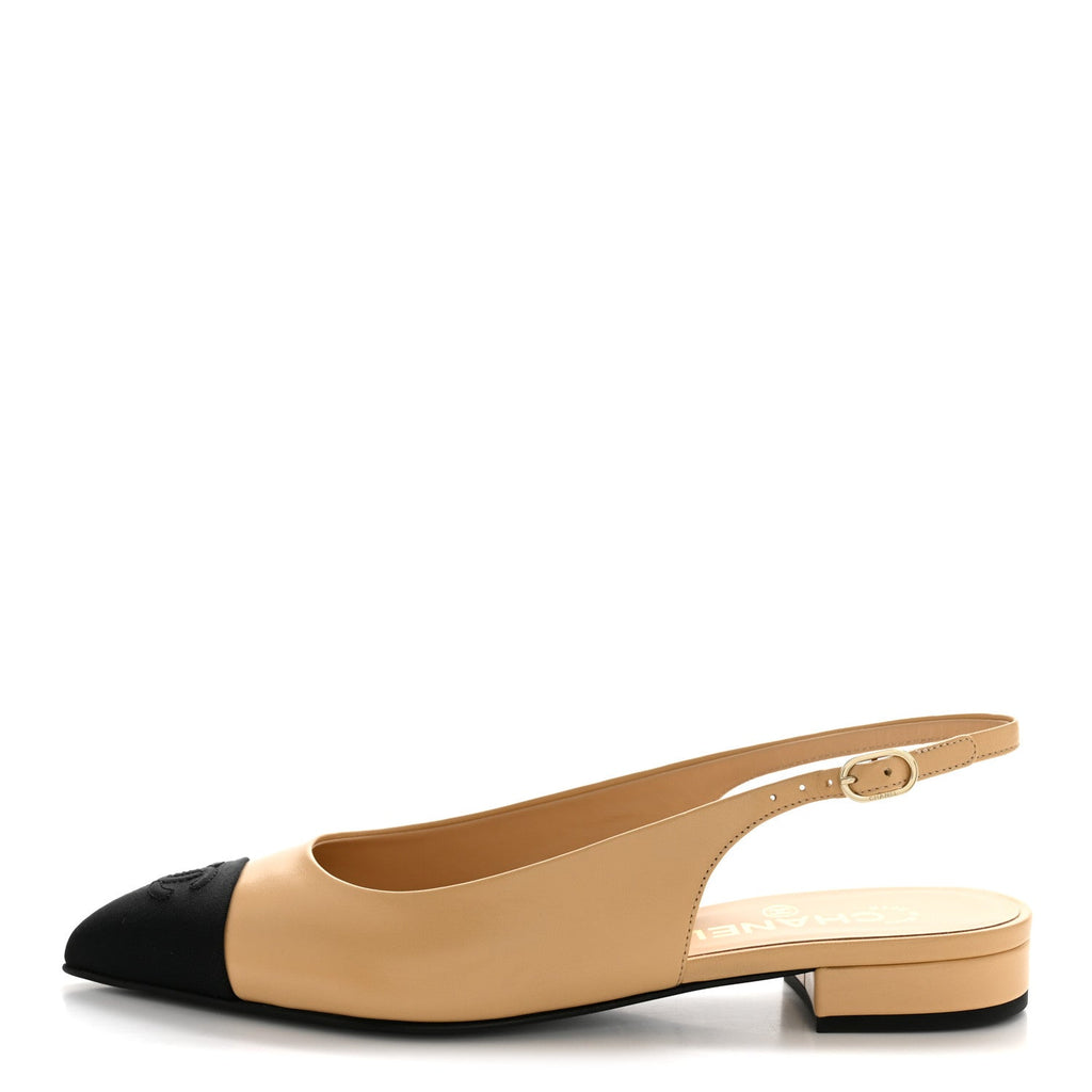 Goatskin Grosgrain Pointed Toe CC Slingback Flats 37.5 Beige Black