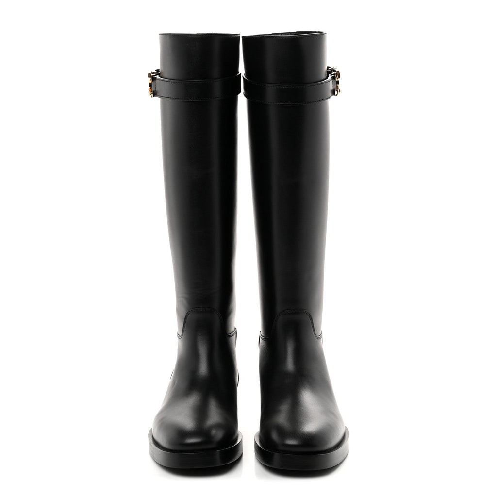 Calfskin CC Buckle High Boots 38 Black