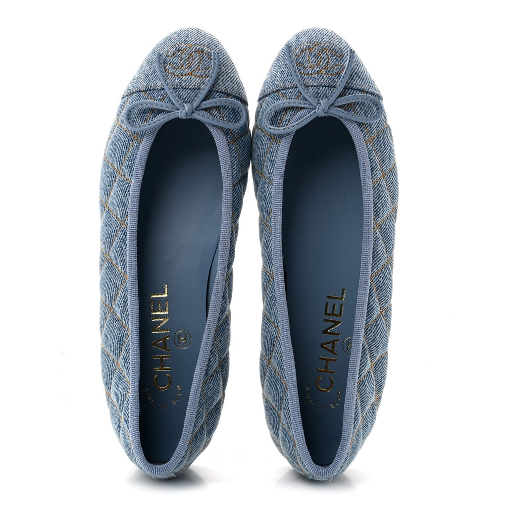 Denim Quilted CC Cap Toe Ballerina Flats 35 Light Blue
